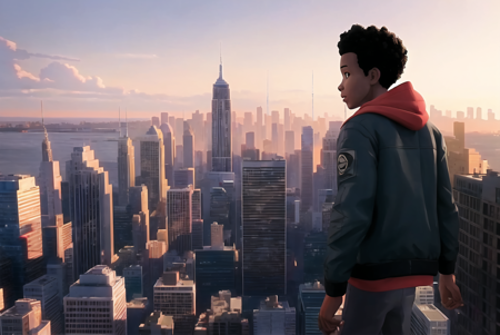 3978523999-581396677-spiderverse style, city, cityscape, from behind, scenery, building, hood, 1boy, black hair, sunset, hoodie, outdoors, short hair.png